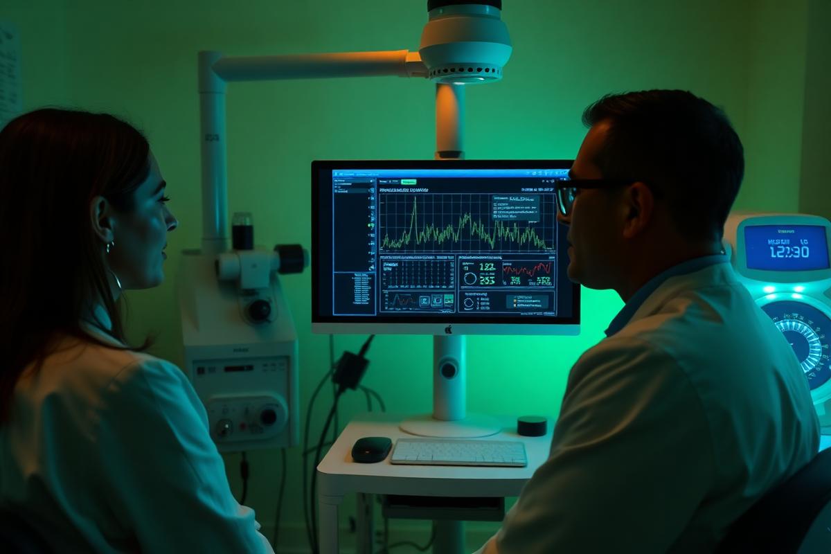 Clinical researchers reviewing double-blind laser trial data