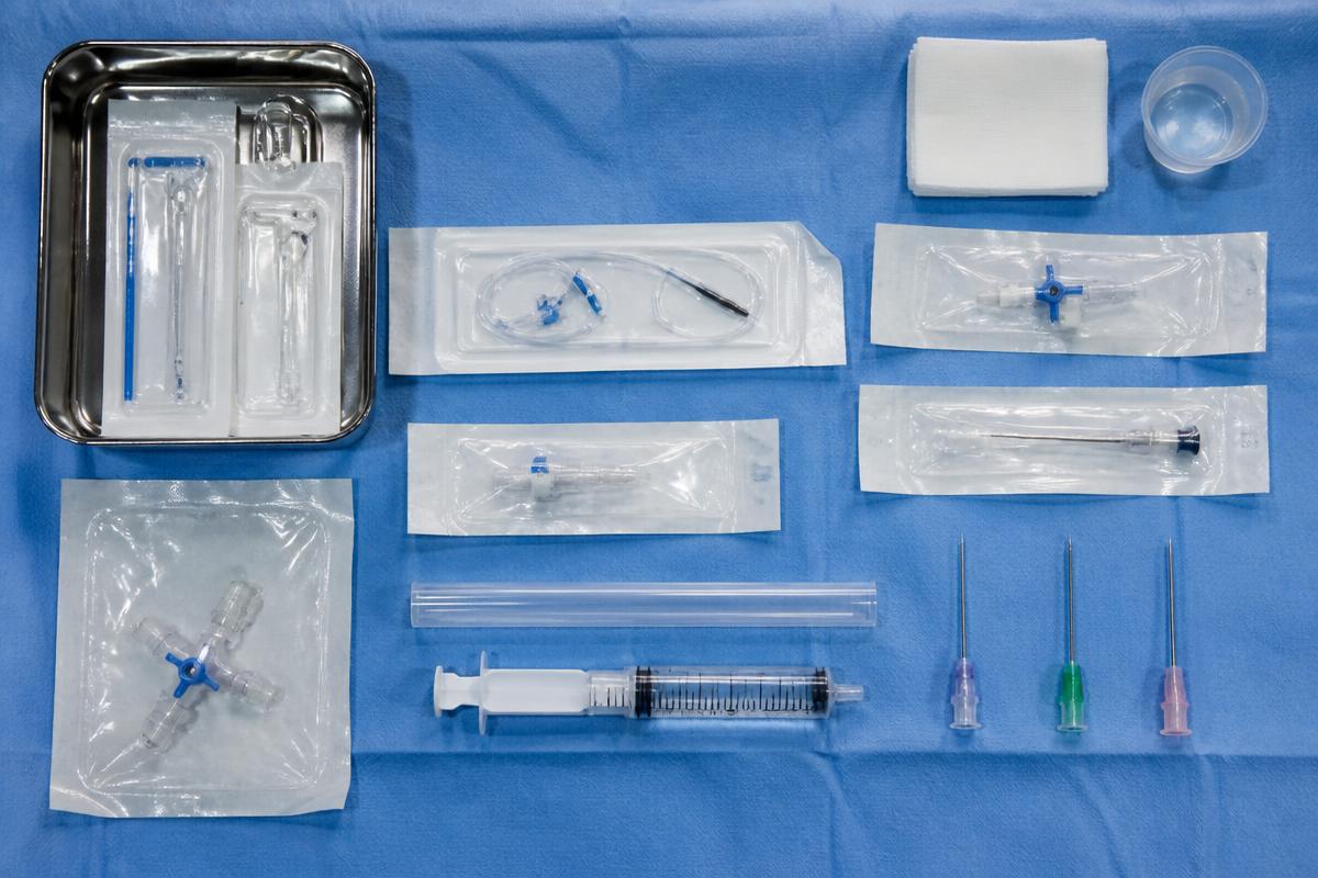 Sterile single-use compartment pressure kit laid out on a theatre instrument tray